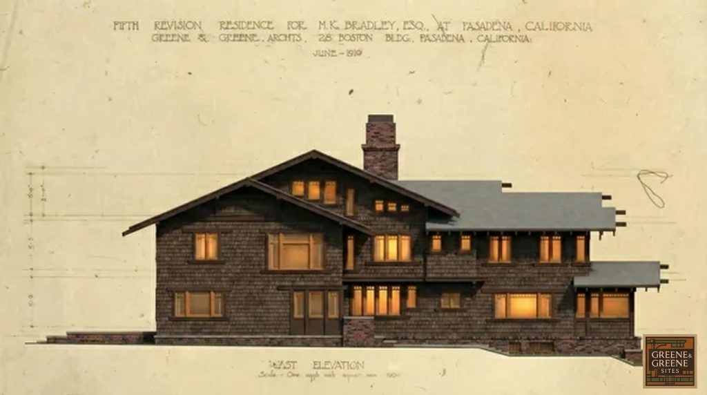 The Henry K. Bradley House west elevation rendering with dramatic gable, shingled exterior, and warm interior light