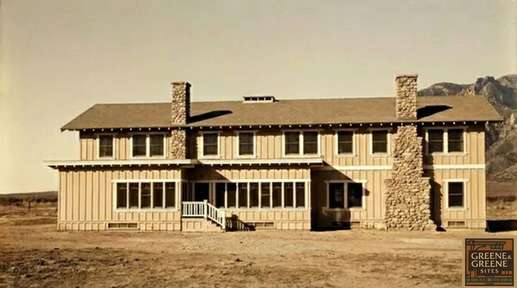 Greene & Greene west elevation rendering of The Sespe Ranch Bunkhouse illustrating the side profile and low-pitched gable roof design