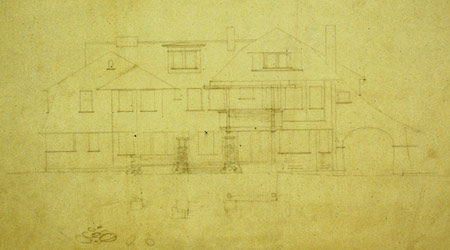 Greene and Greene west elevation drawing with entrance plan for The Tod Ford, Jr. House, Pasadena, 1908
