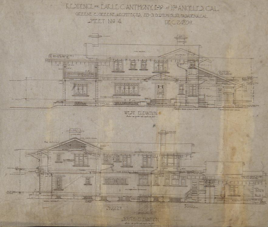 Original 1909 Greene and Greene west and south elevation drawings of The Earle C. Anthony house, Sheet No. 4, in ink on cloth