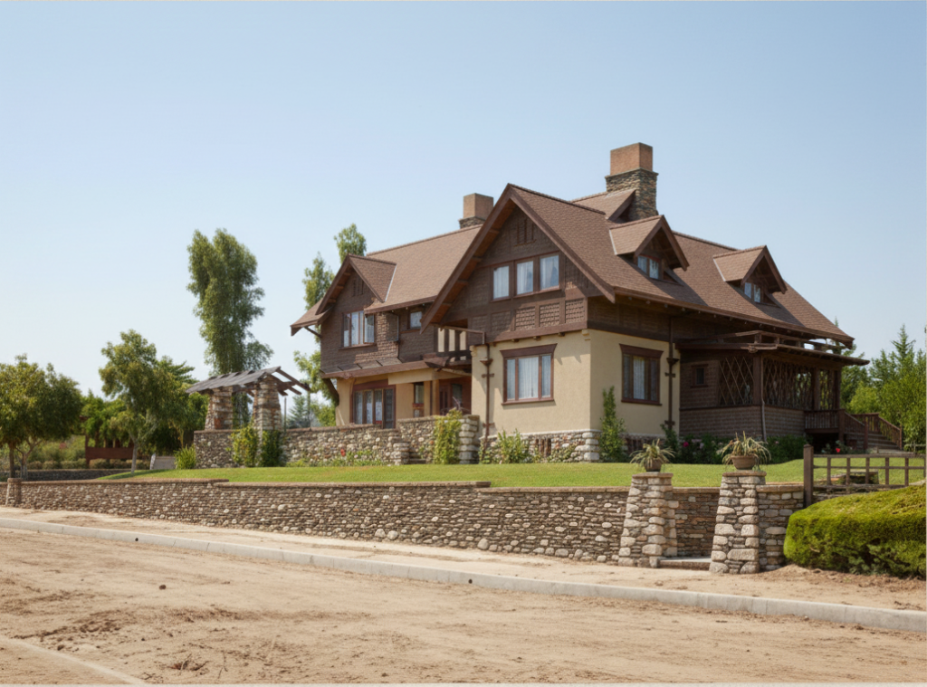 AI-generated perspective rendering of the James A. Culbertson House at 235 North Grand Avenue, Pasadena, California, showing the original craftsman exterior with cedar shingle siding, stone retaining walls, pergola, and multiple gabled rooflines, designed by Greene and Greene in 1902