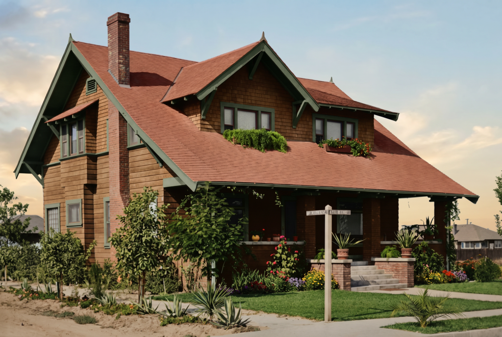 Photograph of a modest middle-class American craftsman bungalow with shingle siding, a deep front porch, exposed rafter tails, gabled roof with green-painted bargeboards, and a small front garden with vegetable beds — the vernacular adaptation of Arts and Crafts principles for the broader American public in the early twentieth century