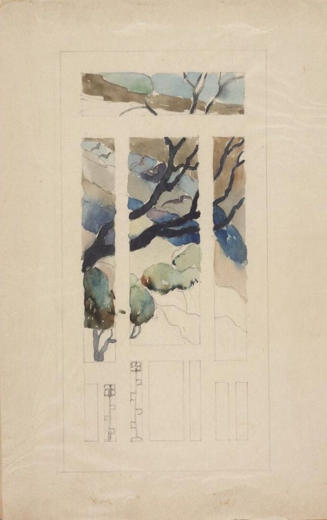 Watercolor and pencil sketch by Charles Greene for a leaded art glass door composition, showing the gnarled branches of a tree rendered in washes of blue, green, brown, and gold, with door and sidelight proportions laid out beneath — the kind of design drawing Greene produced for Lange to execute in glass