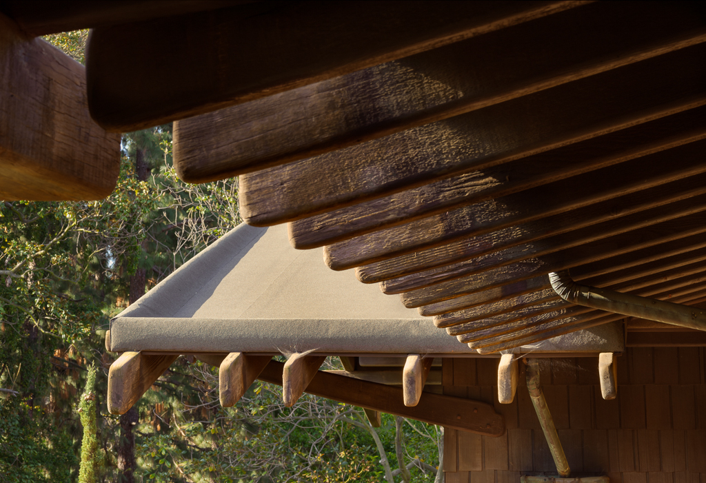 The underside of a wide roof eave, showing a row of projecting wooden rafter tails shaped and rounded at their ends.