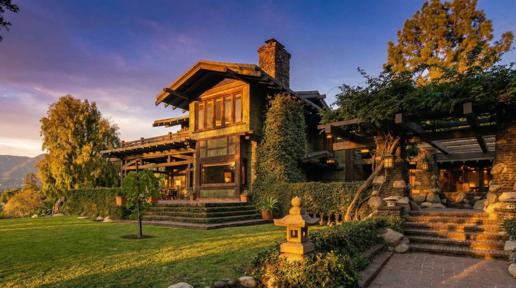 Photograph of the Duncan-Irwin House by Greene and Greene at sunset, showing the cedar-shingle elevation with green-stained vertical board, deep timber eaves and overhangs, a stone chimney at center, wisteria-covered pergolas on either side, and a Japanese stone lantern in the garden foreground with mountains visible at left