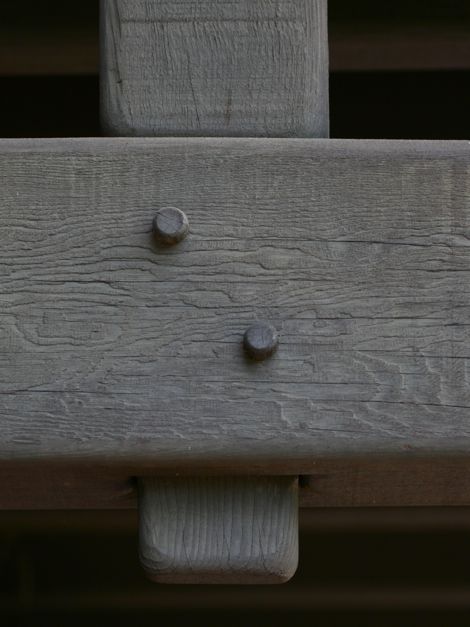 Close-up detail of an exterior Greene and Greene structural timber connection showing two round wooden pegs driven through a weathered beam at a post junction, with the grain of the timber visible around the joint