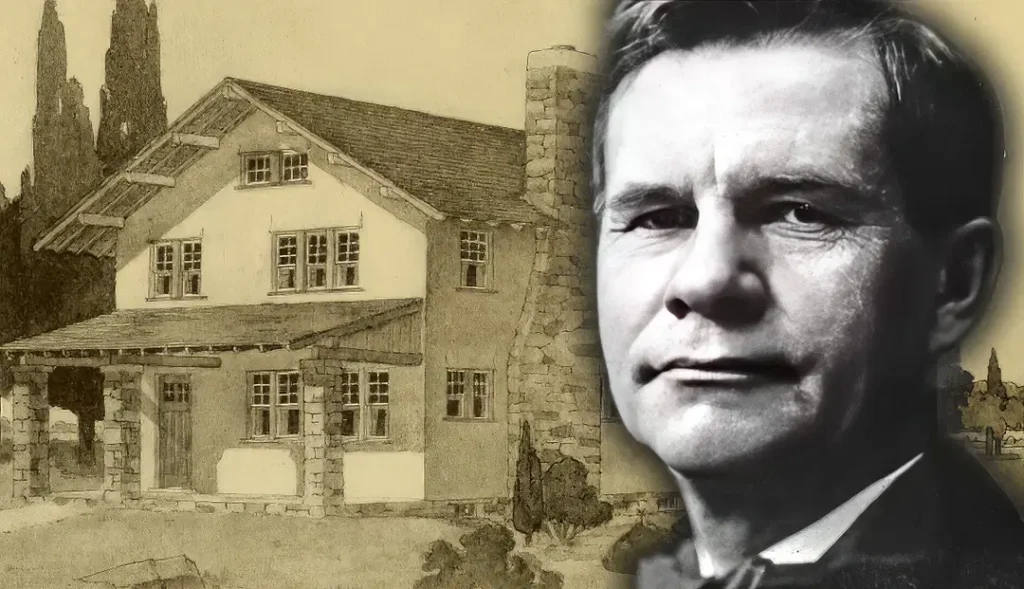 Sepia composite image of furniture maker and Arts and Crafts publisher Gustav Stickley in portrait alongside a pencil rendering of a craftsman bungalow with stone porch pillars and cypress trees
