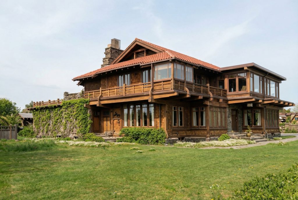 Photograph of the Adelaide M. Tichenor House by Greene and Greene showing the two-story cedar-shingle and stone residence with a red-tile roof, deep horizontal timber overhangs, projecting upper-story sleeping porches with timber railings and curved corbels, large multi-pane wood windows, and a stone-and-timber base, set on a green lawn with an ivy-covered garden wall at left