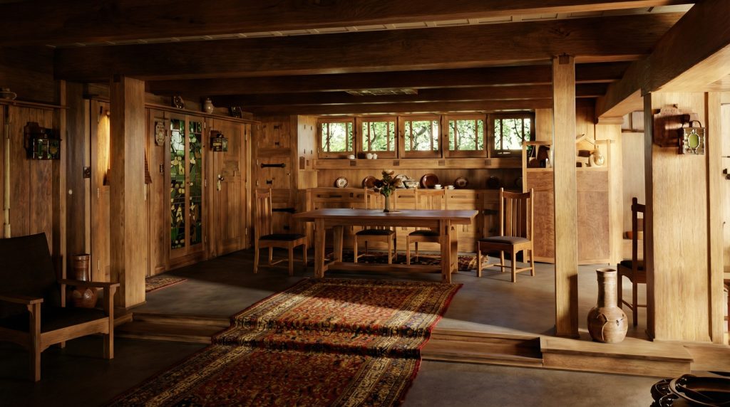 Photograph of the dining room interior of the Adelaide M. Tichenor House by Greene and Greene, showing quarter-sawn oak paneling and built-in cabinetry, leaded art-glass cabinet doors with a green floral motif, a long oak dining table with eight high-backed chairs, a clerestory band of windows above the sideboard, and a Persian rug on the floor between two raised wood platforms