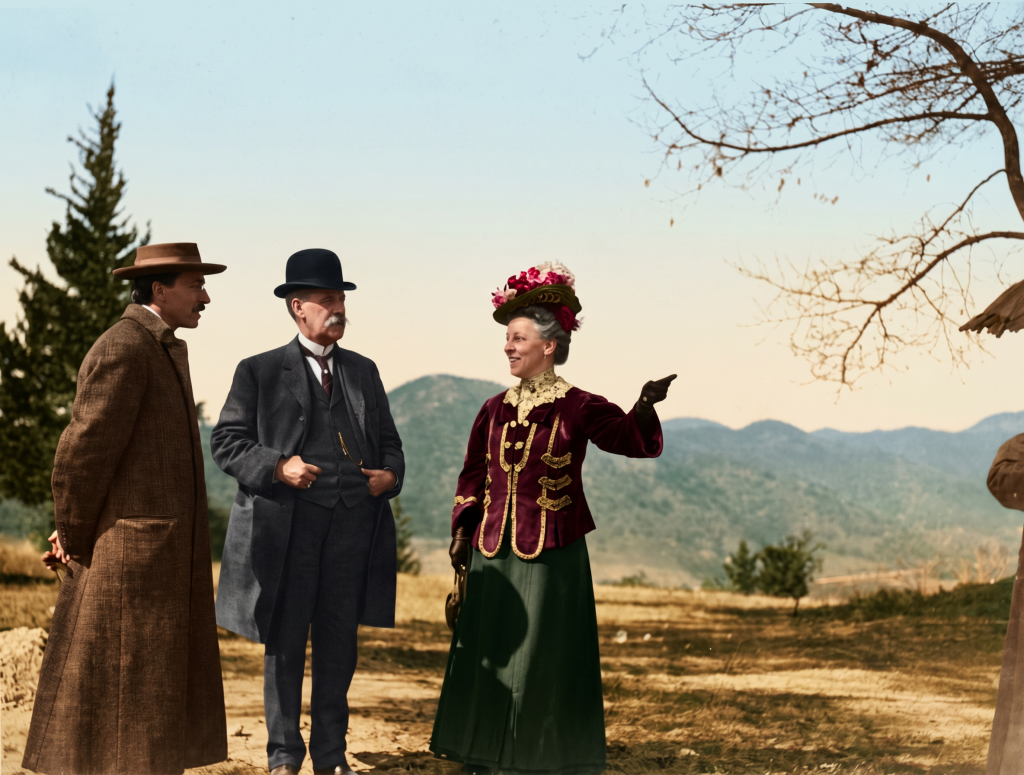 Colorized historic photograph of architect Charles Greene speaking with David and Mary Gamble on site, with the San Gabriel Mountains visible in the distance, Mary Gamble in an elaborate Victorian-era hat and tailored coat gesturing toward the building site — an image of the social and economic context in which the major commissions were planned