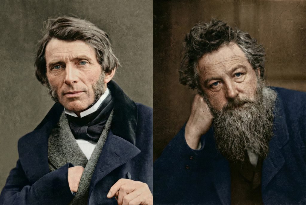 Colorized side-by-side portraits of John Ruskin, the British art and architecture critic, and William Morris, the founder of the Arts and Crafts movement — the two thinkers whose moral and aesthetic ideas shaped the philosophical foundation of the work the Greenes would later build in California