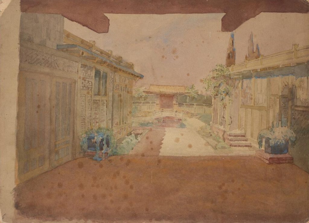 Watercolor rendering by Charles Sumner Greene showing the interior courtyard of the Adelaide M. Tichenor House with Japanese-influenced architectural details, a red torii-like gate at the rear, a small bridge over a pond, planted vases at right, and articulated post-and-beam structures framing the composition on both sides
