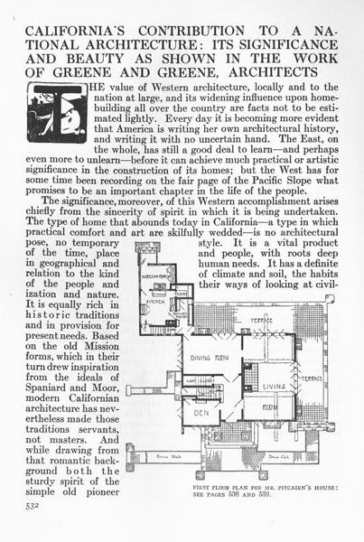Opening page of the August 1912 issue of The Craftsman magazine, page 532, titled "California's Contribution to a National Architecture: Its Significance and Beauty as Shown in the Work of Greene and Greene, Architects," with a decorative drop-cap initial, two columns of body text discussing Western American architecture, and an inset first-floor plan of Mr. Pitcairn's house.