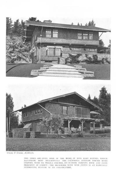 Page from the August 1912 Craftsman article on Greene and Greene showing two black-and-white exterior photographs of Miss Mary Ranney's house: at top, a view from the street showing the brick retaining wall, terraced steps, and the house above; at bottom, a side view showing the pergola porch, sleeping room, and the relationship between brickwork and shingled walls.