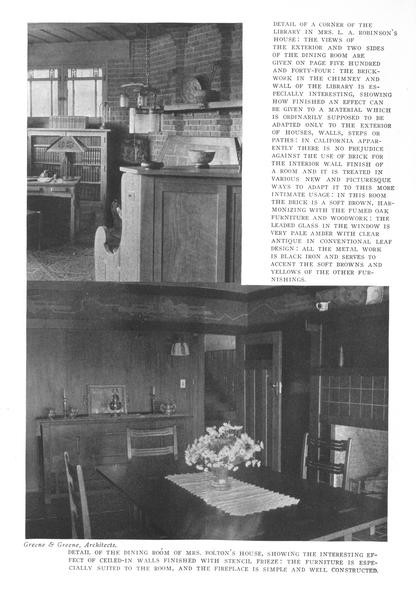 Page from the August 1912 Craftsman article on Greene and Greene showing two interior black-and-white photographs: at top, a corner of the library in Mrs. L. A. Robinson's house showing brick chimney and wall treatment, leaded glass windows, and built-in cabinetry; at bottom, the dining room of Mrs. Bolton's house with stenciled frieze, fumed oak furniture, and fireplace, captioned as Greene & Greene, Architects.