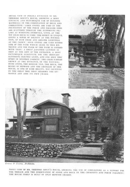 Page from the August 1912 Craftsman article on Greene and Greene showing two black-and-white photographs of the Theodore Irwin house: at top, a detail of the pergola entrance with cobblestone and brick combined in the foundation pillars and a Japanese-style lantern visible at the entrance; at bottom, a front view showing cobblestone construction at the terrace and chimneys with split redwood shakes above, captioned as Greene & Greene, Architects.