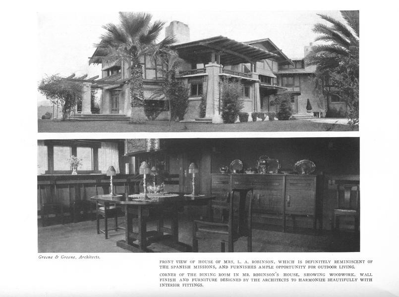 Page from the August 1912 Craftsman article on Greene and Greene showing two black-and-white photographs of Mrs. L. A. Robinson's house: at top, a front exterior view emphasizing the cement walls and Spanish Mission influence with palm trees flanking the entrance; at bottom, a corner of the dining room showing wood furniture, sideboard, and integrated wall finish, captioned as Greene & Greene, Architects.