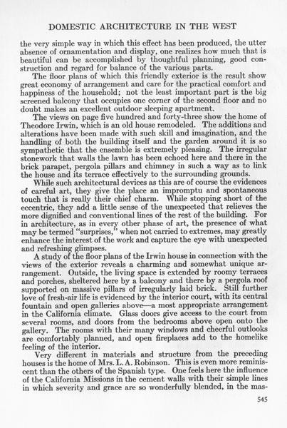 Page 545 of the August 1912 Craftsman article on Greene and Greene, two full columns of body text without illustrations, discussing the Theodore Irwin remodeling, the relationship between brick parapet, pergola pillars, and chimney at the Irwin house, and introducing the Mrs. L. A. Robinson house with its Spanish Mission influence.