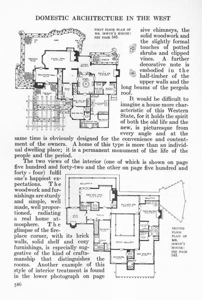Page 546 of the August 1912 Craftsman article on Greene and Greene, showing the first-floor plan of Mr. Irwin's house at upper right, the second-floor plan at lower right, and body text describing the woodwork, fireplace corner, and craftsmanship of the Irwin interior.