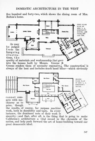 Page 547 of the August 1912 Craftsman article on Greene and Greene, showing the first-floor plan of Mrs. L. A. Robinson's house at upper right, the second-floor plan at lower right, and the article's closing paragraph praising the quality of materials and workmanship in the Greene brothers' practice and its place in the architectural record of the nation.