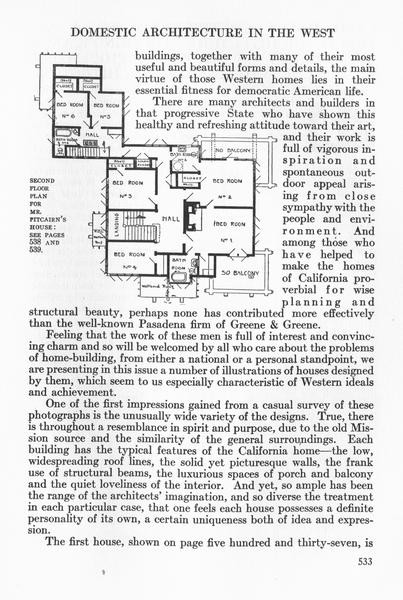 Page 533 of the August 1912 Craftsman article on Greene and Greene, headed "Domestic Architecture in the West," showing the second-floor plan of Mr. Pitcairn's house at upper left and continuing body text praising the Greene brothers' Pasadena practice as exemplifying Western architectural ideals.