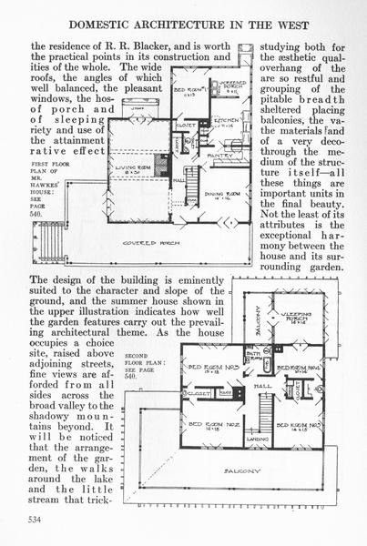 Page 534 of the August 1912 Craftsman article on Greene and Greene, with the first-floor plan of Mr. Hawkes's house at upper right, the second-floor plan of the same house at lower right, and body text discussing the R. R. Blacker residence and the relationship of the Greenes' houses to their gardens.