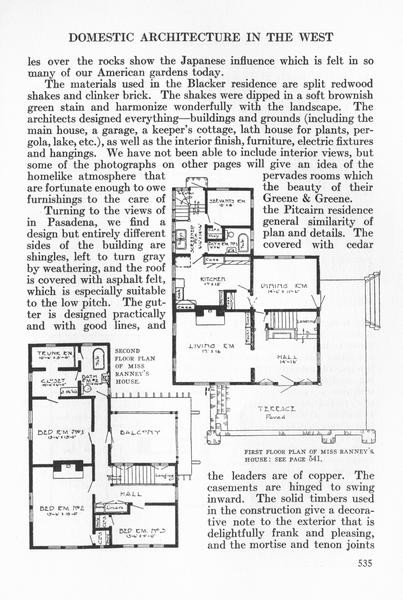  Page 535 of the August 1912 Craftsman article on Greene and Greene, showing the second-floor plan of Miss Ranney's house at center left, the first-floor plan of Miss Ranney's house at lower right, and body text describing the materials and joinery of the Blacker and Pitcairn residences, including split redwood shakes, clinker brick, copper leaders, and exposed mortise-and-tenon work.