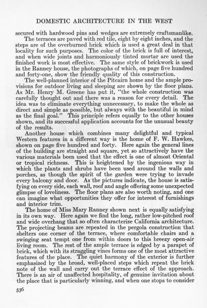 Page 536 of the August 1912 Craftsman article on Greene and Greene, two full columns of body text without illustrations, discussing the Pitcairn, Hawkes, and Ranney residences, the Greenes' use of pergolas and terraces, and the integration of garden features with the architecture.