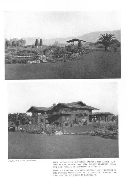 Page from the August 1912 Craftsman article on Greene and Greene showing two black-and-white photographs of the R. R. Blacker House: at top, a view of the garden with a small summer house visible among plantings and palm trees; at bottom, a front view of the main house showing its long horizontal mass, deep eaves, and relationship to the surrounding landscape, captioned as Greene & Greene, Architects.