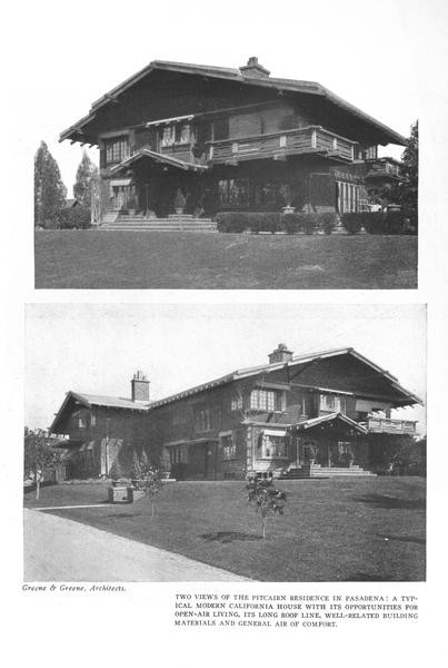Page from the August 1912 Craftsman article on Greene and Greene showing two black-and-white exterior photographs of the Pitcairn residence in Pasadena: at top, a three-quarter front view of the house with its sleeping porches and shingled walls visible; at bottom, an angled view emphasizing the long roofline and porte-cochère, captioned as Greene & Greene, Architects.