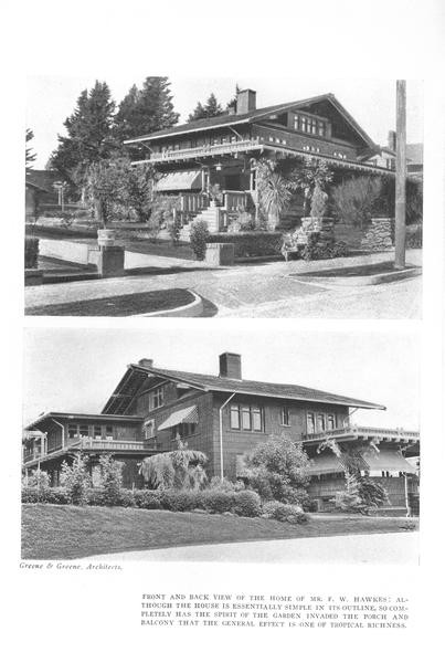 Page from the August 1912 Craftsman article on Greene and Greene showing two black-and-white exterior photographs of the F. W. Hawkes residence: at top, a front view showing the entry stair, porte-cochère, and shingled massing; at bottom, a rear view showing the porch, balcony, and garden, captioned as Greene & Greene, Architects.