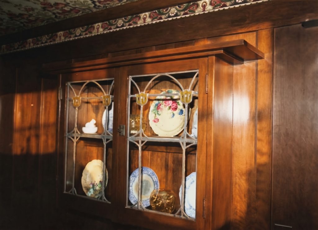 The built-in dining room display cabinet at the Jennie A. Reeve House, one of only four original Greene and Greene decorative pieces still in the house
