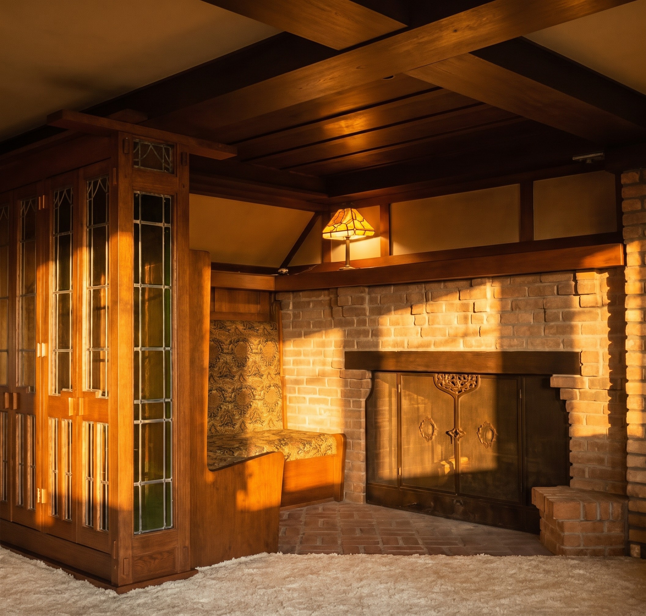 The brick inglenook of the Jennie A. Reeve House in Long Beach, with two built-in facing benches, a single-timber mantel, and hand-forged iron andirons on the hearth