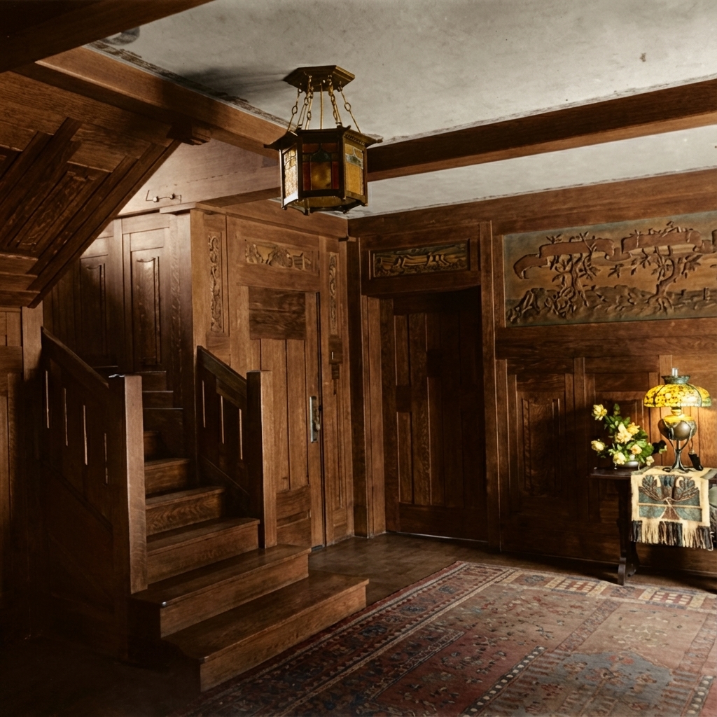 Historic colorized photograph of the James A. Culbertson House entry hall showing a hanging leaded-glass lantern, deep wood-paneled walls with a carved relief frieze depicting landscape and tree motifs above the wainscot, a modest stair climbing on the left with paneled wainscot, a side table at right with a leaded-glass lamp and yellow flowers, and an oriental rug on the dark floor.