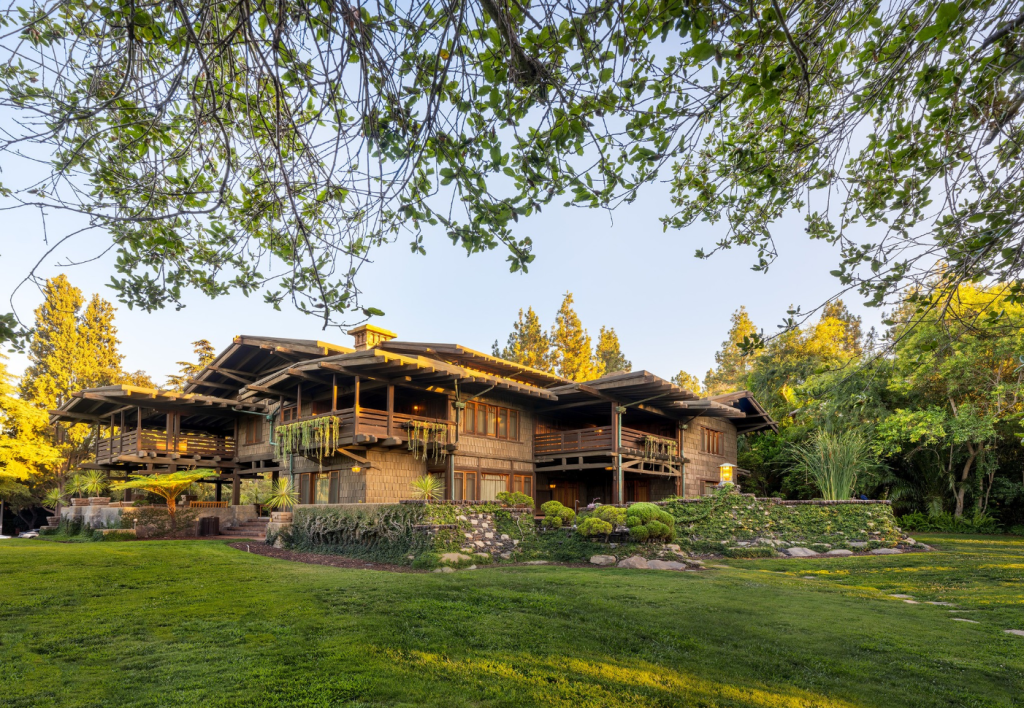 Expanded view of the David B. Gamble House view from the northwest corner of the property at sunset.