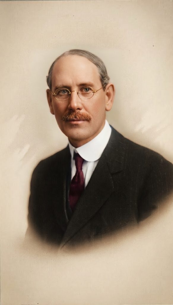 Colorized historic studio portrait of an older bearded man with grey-brown hair, a mustache, and round wire-rimmed glasses, wearing a dark suit jacket, white collar, and burgundy tie, photographed against a soft sepia backdrop