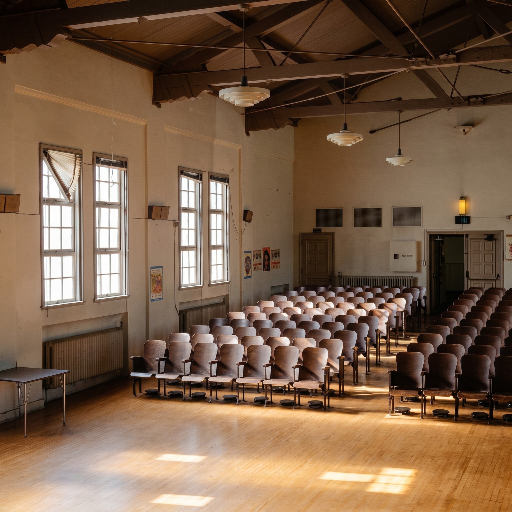 Interior of the Longfellow Elementary School auditorium showing a large plain assembly hall with rows of seating, a simple stage, high ceilings, and tall windows providing daylight