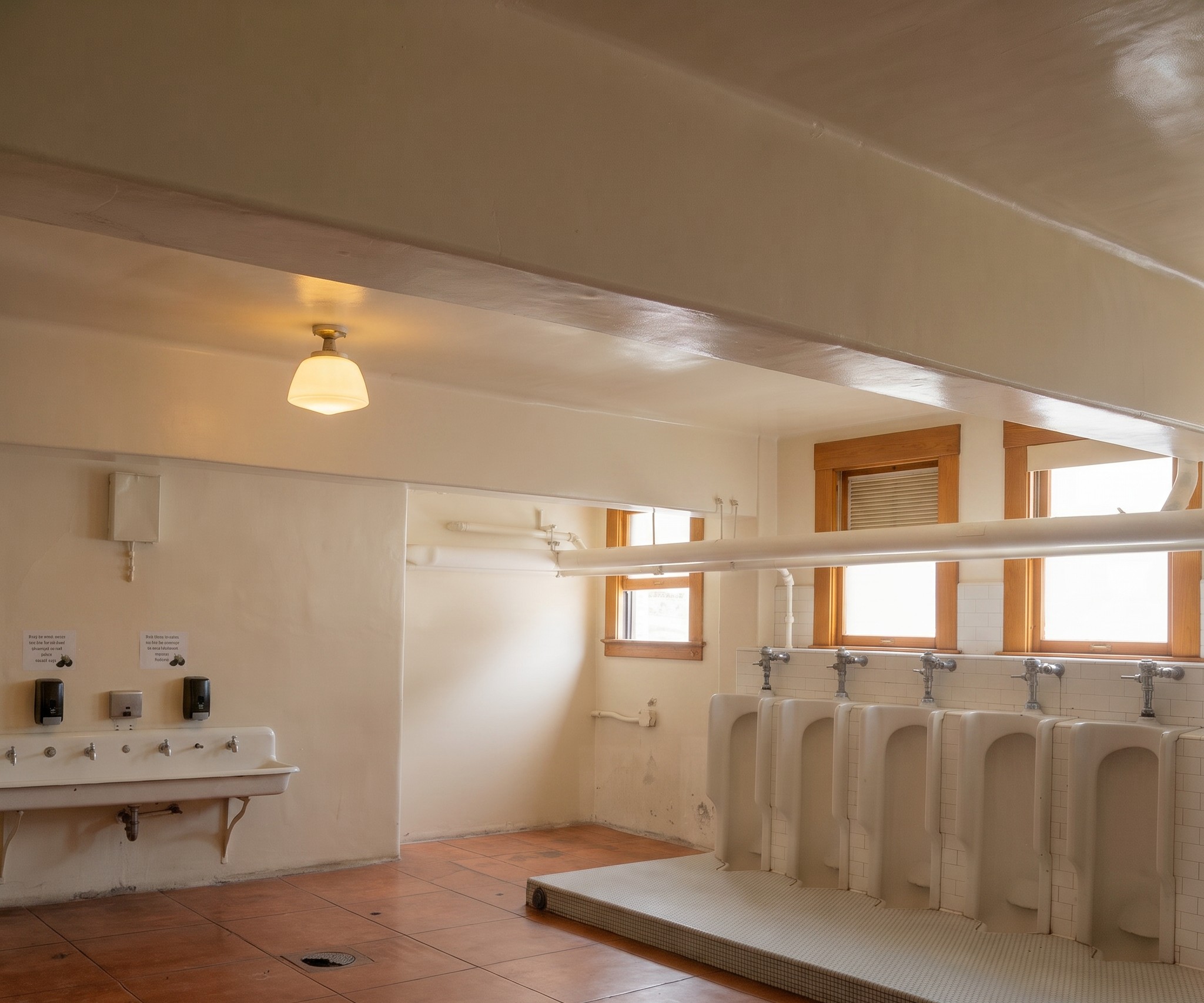 Interior of the original basement lavatory at Longfellow Elementary School showing monumental fixtures and stall dividers made of figured marble, one of the few surviving original features of Henry Greene's specification