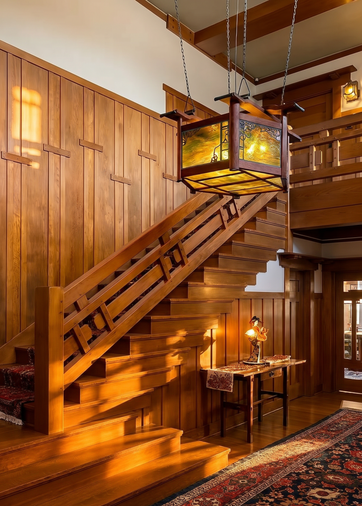 The Laurabelle A. Robinson House staircase rising through a double-height entry hall, with a horizontal slat balustrade joined to vertical posts, vertical-board cedar paneling fastened with horizontal pegs along the side wall, a large square art-glass lantern in green and amber suspended on chains in the well above the stair, a console table with a Japanese figurine in kimono beneath the climb, and a small wall lantern visible at upper right.