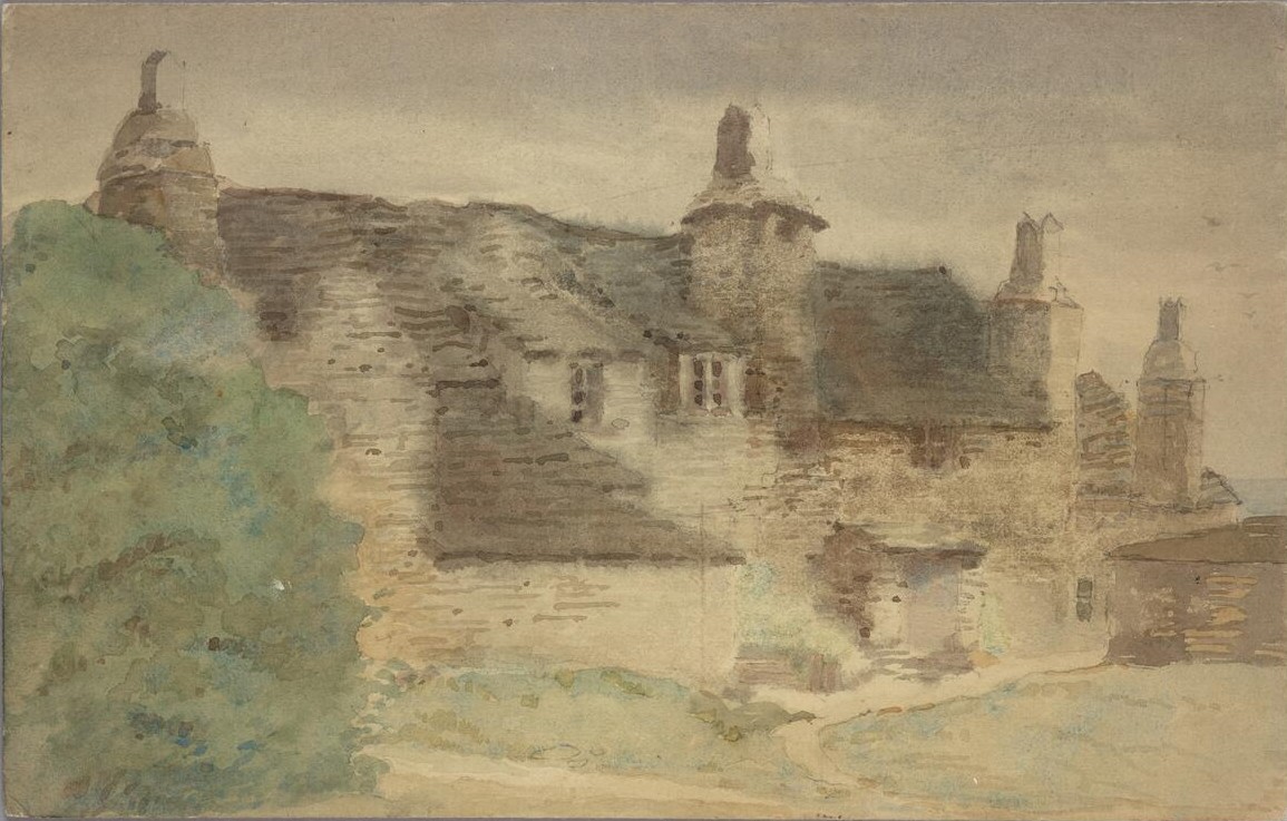 Watercolor and graphite painting by Charles Greene dated July 1909 depicting a row of medieval Cornish cottages at Trebarwith Strand, with dressed local stone walls, slate roofs, and small window openings, set into the slope above the cove