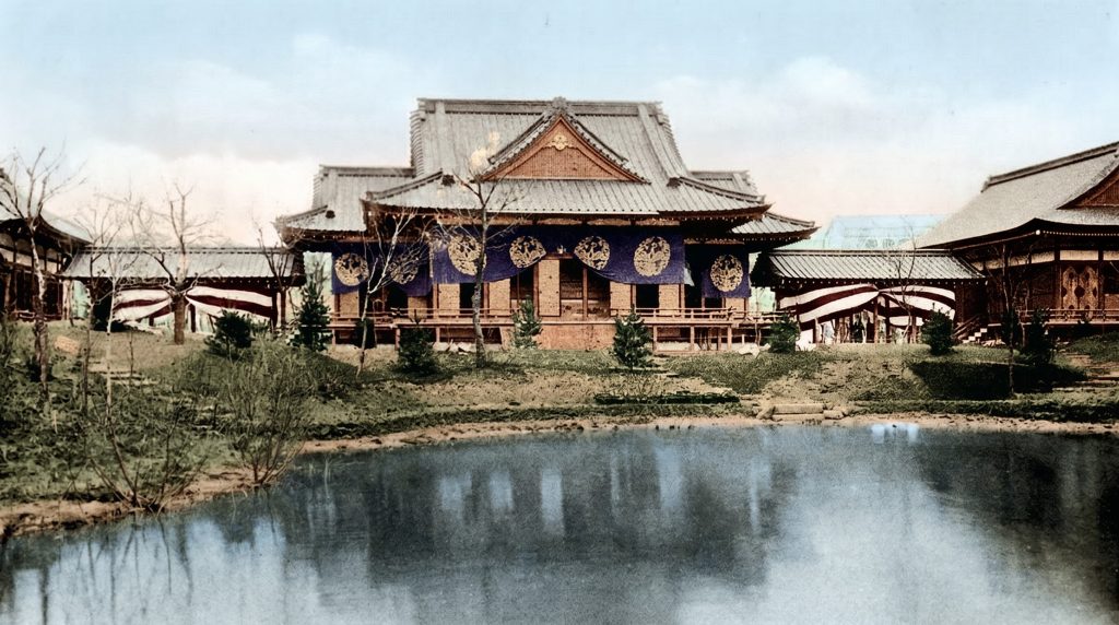 The Ho-o-den, a half-scale Japanese pavilion with wide eaves and timber framing, built on the Wooded Island at the 1893 World's Columbian Exposition in Chicago
