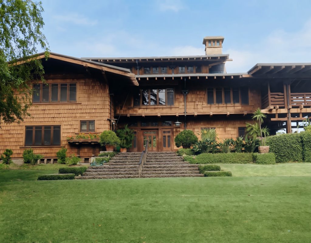Photograph of the Gamble House dated 1968, shortly after the house was deeded to the City of Pasadena and the University of Southern California