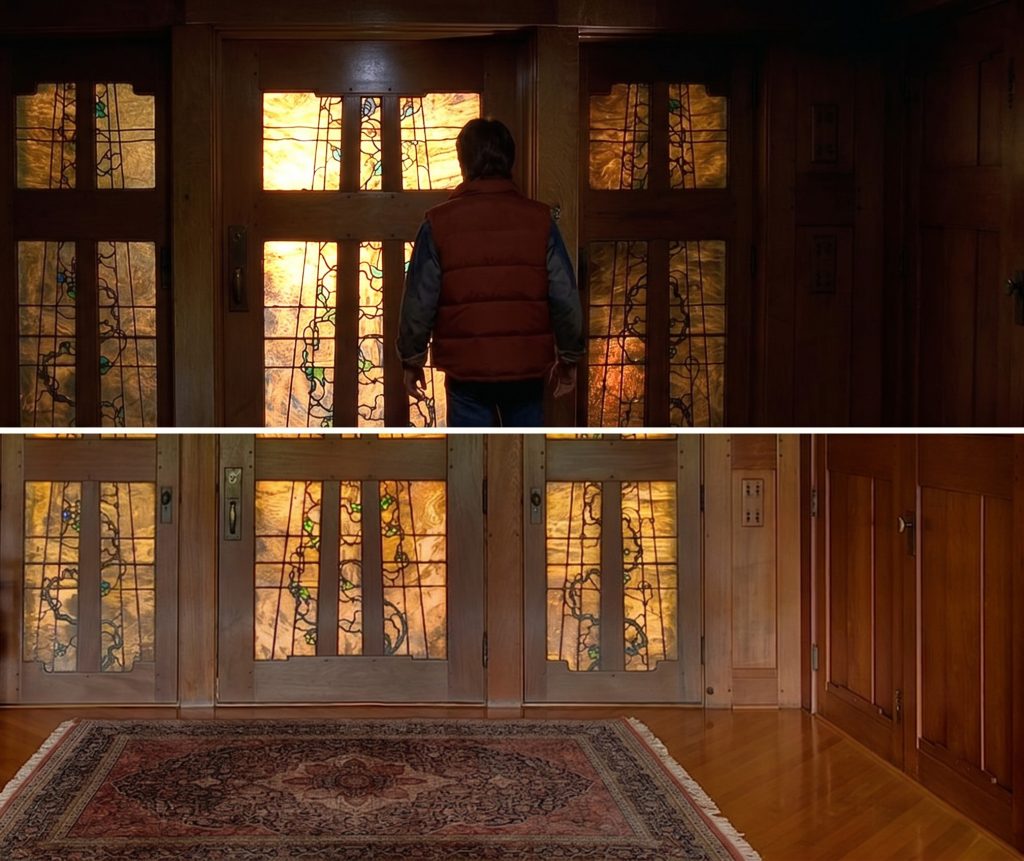 Two-panel comparison. Top: a still from Back to the Future showing Marty McFly from behind, facing a backlit leaded art-glass entry of a central door flanked by two sidelights, the amber glass patterned with twisting vines. Bottom: a present-day photograph of the same doors seen from inside the Robert R. Blacker House, the glowing leaded-glass door and sidelights above a patterned rug on a polished wood floor.
