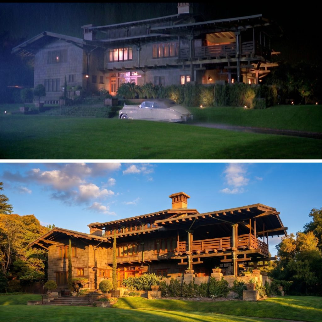 Two-panel comparison. Top: a night still from Back to the Future showing a large Craftsman mansion with lit windows and an open upper sleeping porch, a pale 1940s convertible parked on the dark lawn. Bottom: a present-day daylight photograph of the same house, the Gamble House, its timber sleeping porches and broad cantilevered roofs seen from the garden beneath a blue sky.