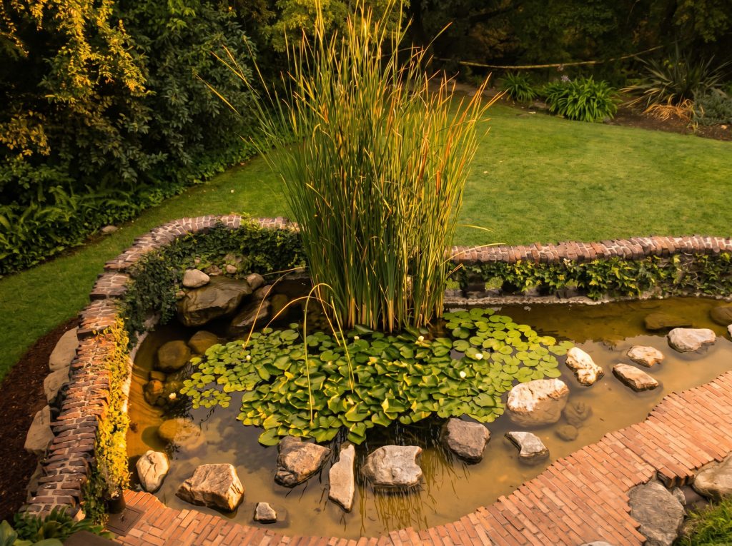 An elevated view of the Gamble House garden pond, edged by a low curved brick wall, with a tall clump of rushes rising at the center above floating water lilies, large pale boulders set in the shallow water, and a brick path curving around the pond toward a green lawn and trees in warm evening light.