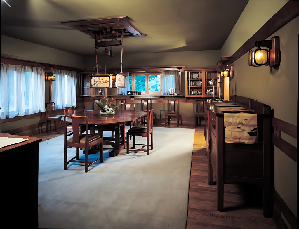 Interior of the recreated Robinson House dining room at the Huntington, seen down the length of the original mahogany dining table and matching chairs, with a leaded-glass light fixture suspended from a wooden ceiling track, built-in glass-front china cabinets, lantern wall sconces, curtained windows, and a sideboard at right draped with a Japanese textile.