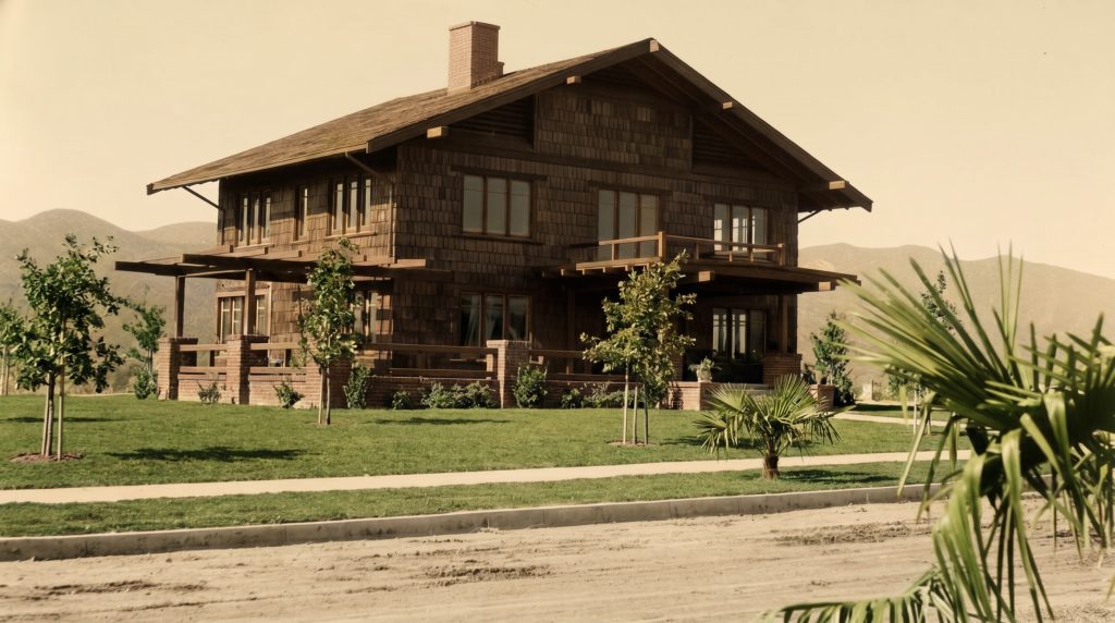 A sepia-toned rendering of the newly completed Louise C. Bentz House in 1906, a two-story shingled Craftsman house with a broad low-pitched gable, deep overhanging eaves, a recessed upstairs sleeping balcony, and clinker-brick porch piers and low walls, standing alone on a freshly graded lawn with newly planted saplings and a small fan palm, a dirt street and new curb in front and bare foothills behind.