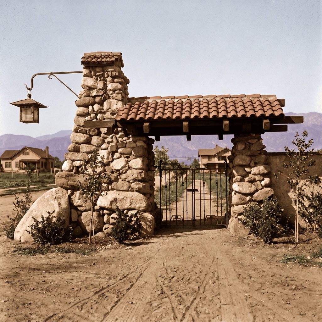 A newly built cobblestone entrance portal on a dirt road: a tall river-rock tower with a tiled cap and a wrought-iron lantern hung from a bracket arm, beside a lower stone column carrying a tile-roofed pedestrian gate of wrought iron, with period bungalows and the San Gabriel Mountains in the distance.