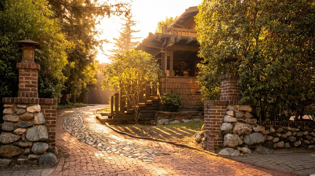 Two gate piers of clinker brick on rounded river-boulder bases, each capped with a copper lantern, framing a cobbled drive that curves toward The F. W. Hawks House at sunset.