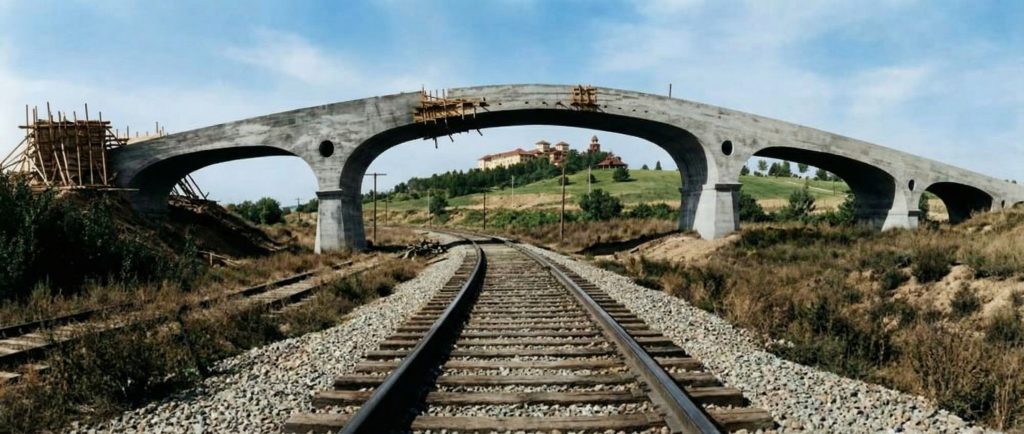 A reinforced-concrete arched bridge under construction, its shallow arches still wrapped in timber falsework, spanning curving railroad tracks that run toward the viewer; a large Mission-style building stands on the green hill framed within the central arch.